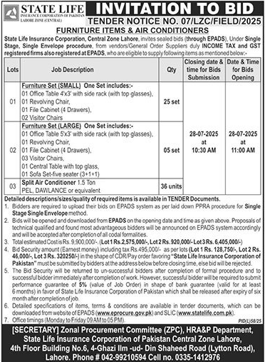 State Life Insurance Corporation of Pakistan Lahore Tender Notice